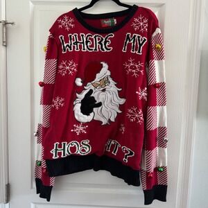Spencers Workshop Light Up Christmas Sweater Mens XXL Where My Hos At Santa Red